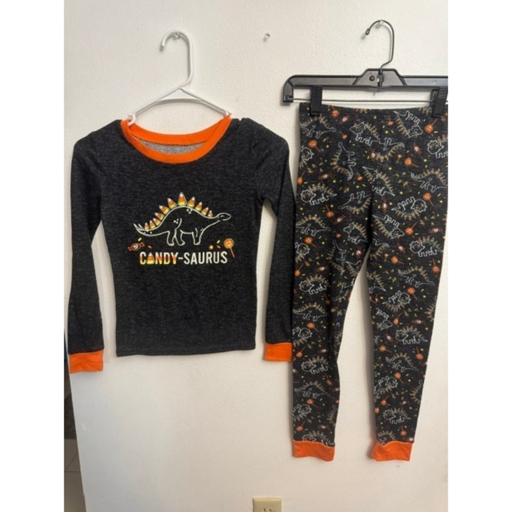 Trick or Treat Sleep Kids Candy-Saurus Dinosaur Pajama Set Gray Orange SZ 8 (F)